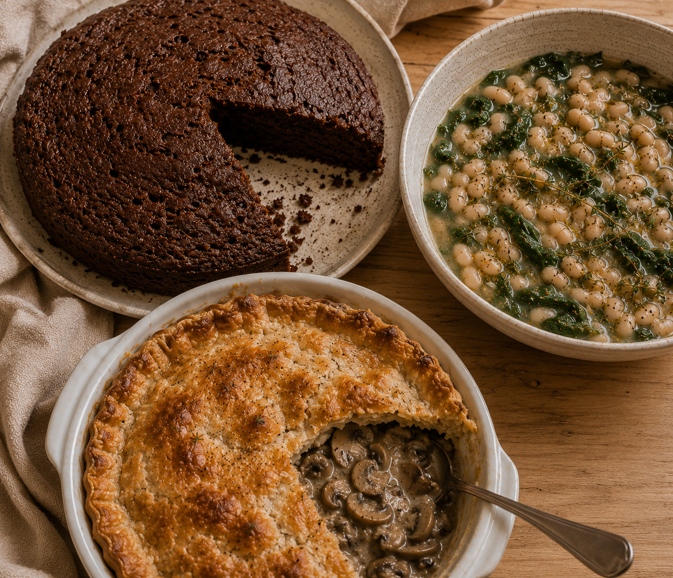 A photo of vegan chocolate cake, white bean soup with spinach, and mushroom pot pie